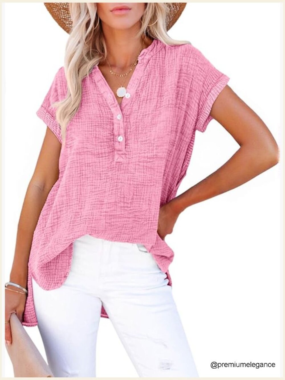 Women's Boho Button Front V Neck Short Sleeve Cotton Blouse